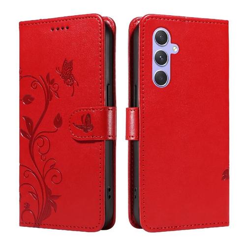 Étui Pour Samsung Galaxy A54 Étui De Téléphone Portefeuille Et Fente Pour Carte Avec Sangle De Main Papillon En Relief Cuir De Haute Qualité - Rouge