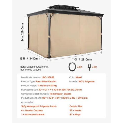Rideau D'intimité Pour Tonnelle Imperméable Extérieur-Vevor-Rideaux Pour Pergola-281 X 341 X 214 Cm-4 Panneaux-Kaki