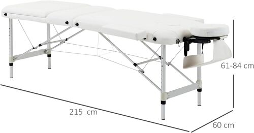 Table De Massage 3 Zones Pliante Cosmétique Lit De Massage Portable Charge Max. 225 Kg Hauteur Réglable Cadre En Alliage D'aluminium Blanc