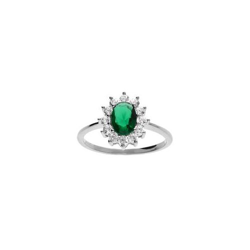 Bague Argent Rhodié Pierre Centrale Verte Contours Pierres Blanches