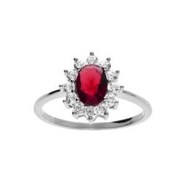 Bague Argent Rhodié Pierre Centrale Rouge Contour Pierres Blanches