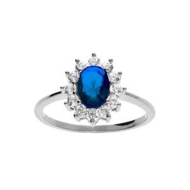 Bague Argent Rhodié Solitaire Bleu Foncé Couronné De Zirconias Blancs