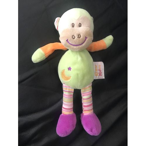 Singe Doukidou Doudou Lune Jaune Et Étoile Violette Brodée Vert Jambes Rayées 24cm
