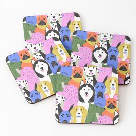 Liège Sous-Verres En Bois Chiens Brillants Et Colorés, Dont Caniche, Bouledogue Français, Beagle, Dogue Allemand, Husky, Écossais Et Dalmatien 9,5 Cm Lot De 4 Pour Boissons Café Tabl