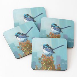 Liège Sous-Verres En Bois Troglodyte Bleu Sur Un Buisson 9,5 Cm Lot De 4 Pour Boissons Café Table B