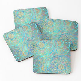 Liège Sous-Verres En Bois Mandalas En Vitrail Saphir Jade 9,5 Cm Lot De 4 Pour Boissons Café Table B