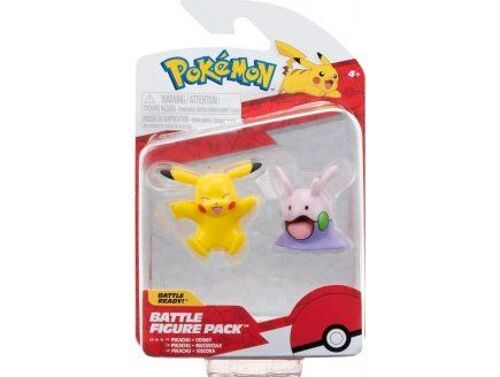 Coffret 2 Figurines Pokemon Pikachu et Mucuscule - Figurine De Combat Jaune et Violet - Set Jouet Garcon + 1 Carte Animaux