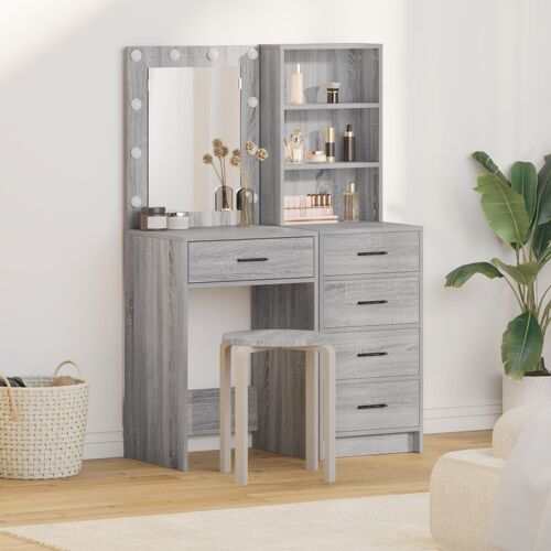 Ensemble de Table de Maquillage 2 Pièces avec LED en Bois d'Ingénierie Gris Sonoma