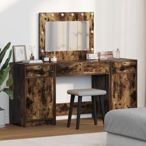 Ensemble de coiffeuse 3 pièces vidaXL avec éclairage en chêne fumé, en bois d'ingénierie