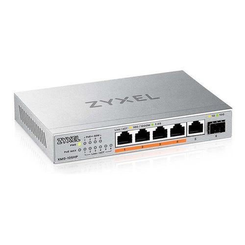 Zyxel XMG-100 Series XMG-105HP - Commutateur - non géré - non géré - 5 x 100/1000/2.5G (PoE++) + 1 x Gigabit SFP / 10 Gigabit SFP+ - de bureau, fixation murale - PoE++ (70 W)
