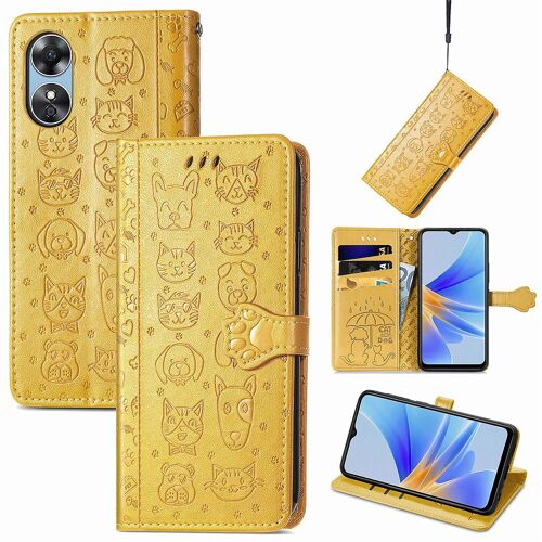 Saturcase Coque Pour Oppo A17, Chien Et Chat Mignon Pu Cuir Magnétique Flip Portefeuille Support Porte-Carte Protecteur Housse Étui Avec Dragonne Pour Oppo A17 (Jaune)