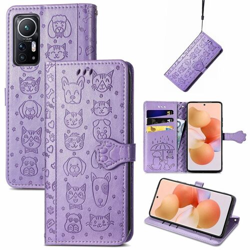 Saturcase Coque Pour Xiaomi 12 12s 12x, Chien Et Chat Mignon Pu Cuir Magnétique Flip Portefeuille Support Porte-Carte Protecteur Housse Étui Avec Dragonne Pour Xiaomi 12 12s 12x (Violet)