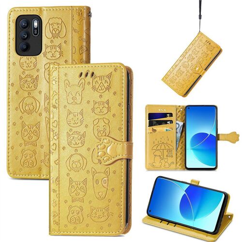 Saturcase Coque Pour Oppo Reno 6z, Chien Et Chat Mignon Pu Cuir Magnétique Flip Portefeuille Support Porte-Carte Protecteur Housse Étui Avec Dragonne Pour Oppo Reno 6z (Jaune)