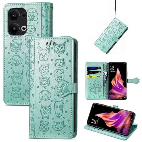 Saturcase Coque Pour Oppo Reno 9 Pro Plus, Chien Et Chat Mignon Pu Cuir Magnétique Flip Portefeuille Support Porte-Carte Protecteur Housse Étui Avec Dragonne Pour Oppo Reno 9 Pro Plus (Vert)