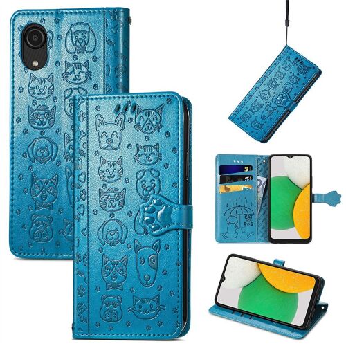 Saturcase Coque Pour Samsung Galaxy A03 Core, Chien Et Chat Mignon Pu Cuir Magnétique Flip Portefeuille Support Porte-Carte Protecteur Housse Étui Avec Dragonne Pour Samsung Galaxy A03 Core (Bleu)