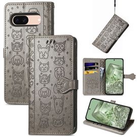 Saturcase Coque Pour Google Pixel 8a, Chien Et Chat Mignon Pu Cuir Magnétique Flip Portefeuille Support Porte-Carte Protecteur Housse Étui Avec Dragonne Pour Google Pixel 8a (Gris)