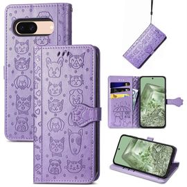 Saturcase Coque Pour Google Pixel 8a, Chien Et Chat Mignon Pu Cuir Magnétique Flip Portefeuille Support Porte-Carte Protecteur Housse Étui Avec Dragonne Pour Google Pixel 8a (Violet)