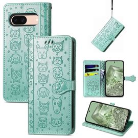 Saturcase Coque Pour Google Pixel 8a, Chien Et Chat Mignon Pu Cuir Magnétique Flip Portefeuille Support Porte-Carte Protecteur Housse Étui Avec Dragonne Pour Google Pixel 8a (Vert)