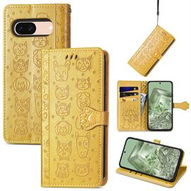 Saturcase Coque Pour Google Pixel 8a, Chien Et Chat Mignon Pu Cuir Magnétique Flip Portefeuille Support Porte-Carte Protecteur Housse Étui Avec Dragonne Pour Google Pixel 8a (Jaune)