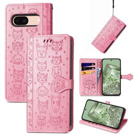 Saturcase Coque Pour Google Pixel 8a, Chien Et Chat Mignon Pu Cuir Magnétique Flip Portefeuille Support Porte-Carte Protecteur Housse Étui Avec Dragonne Pour Google Pixel 8a (Pink)