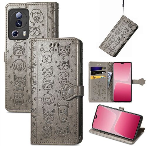 Saturcase Coque Pour Xiaomi 13 Lite, Chien Et Chat Mignon Pu Cuir Magnétique Flip Portefeuille Support Porte-Carte Protecteur Housse Étui Avec Dragonne Pour Xiaomi 13 Lite (Gris)