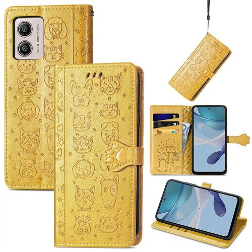 Saturcase Coque Pour Motorola Moto G53 5g, Chien Et Chat Mignon Pu Cuir Magnétique Flip Portefeuille Support Porte-Carte Protecteur Housse Étui Avec Dragonne Pour Motorola Moto G53 5g (Jaune)