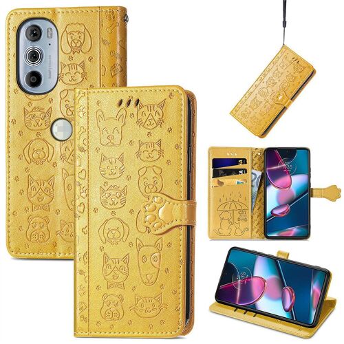 Saturcase Coque Pour Motorola Edge 30 Pro, Chien Et Chat Mignon Pu Cuir Magnétique Flip Portefeuille Support Porte-Carte Protecteur Housse Étui Avec Dragonne Pour Motorola Edge 30 Pro (Jaune)