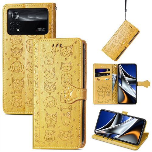 Saturcase Coque Pour Xiaomi Poco X4 Pro 5g, Chien Et Chat Mignon Pu Cuir Magnétique Flip Portefeuille Support Porte-Carte Protecteur Housse Étui Avec Dragonne Pour Xiaomi Poco X4 Pro 5g (Jaune)