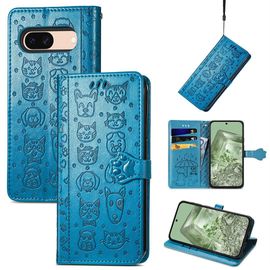 Saturcase Coque Pour Google Pixel 8a, Chien Et Chat Mignon Pu Cuir Magnétique Flip Portefeuille Support Porte-Carte Protecteur Housse Étui Avec Dragonne Pour Google Pixel 8a (Bleu)