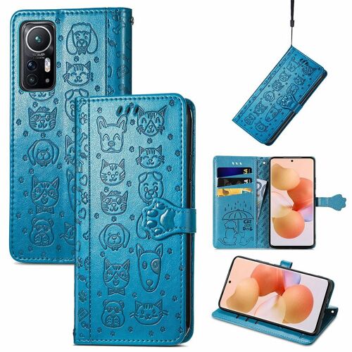 Saturcase Coque Pour Xiaomi 12 12s 12x, Chien Et Chat Mignon Pu Cuir Magnétique Flip Portefeuille Support Porte-Carte Protecteur Housse Étui Avec Dragonne Pour Xiaomi 12 12s 12x (Bleu)