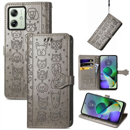 Saturcase Coque Pour Motorola Moto G54 5g, Chien Et Chat Mignon Pu Cuir Magnétique Flip Portefeuille Support Porte-Carte Protecteur Housse Étui Avec Dragonne Pour Motorola Moto G54 5g (Gris)