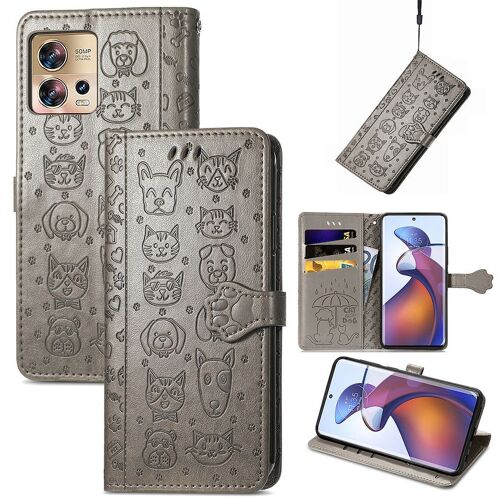 Saturcase Coque Pour Motorola Edge 30 Fusion, Chien Et Chat Mignon Pu Cuir Magnétique Flip Portefeuille Support Porte-Carte Protecteur Housse Étui Avec Dragonne Pour Motorola Edge 30 Fusion (Gris)