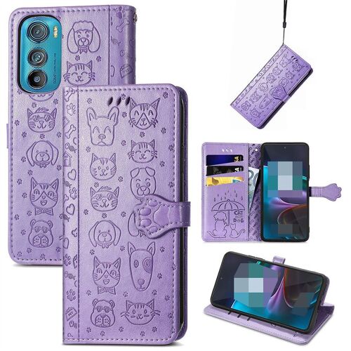 Saturcase Coque Pour Motorola Edge 30, Chien Et Chat Mignon Pu Cuir Magnétique Flip Portefeuille Support Porte-Carte Protecteur Housse Étui Avec Dragonne Pour Motorola Edge 30 (Violet)