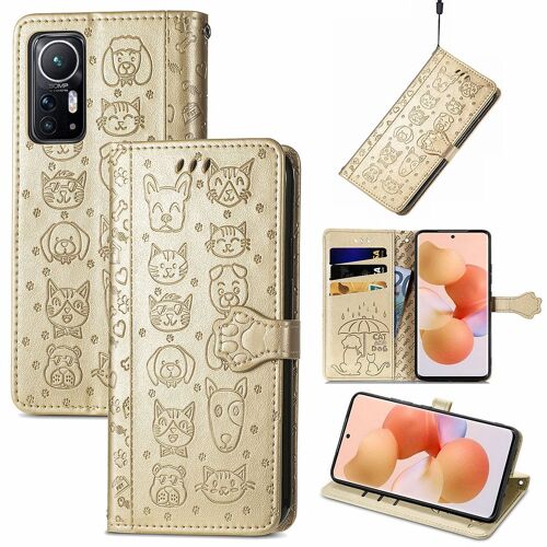 Saturcase Coque Pour Xiaomi 12 12s 12x, Chien Et Chat Mignon Pu Cuir Magnétique Flip Portefeuille Support Porte-Carte Protecteur Housse Étui Avec Dragonne Pour Xiaomi 12 12s 12x (Or)
