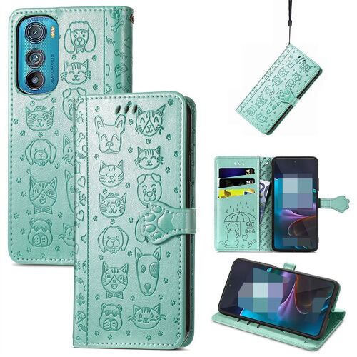 Saturcase Coque Pour Motorola Edge 30, Chien Et Chat Mignon Pu Cuir Magnétique Flip Portefeuille Support Porte-Carte Protecteur Housse Étui Avec Dragonne Pour Motorola Edge 30 (Vert)