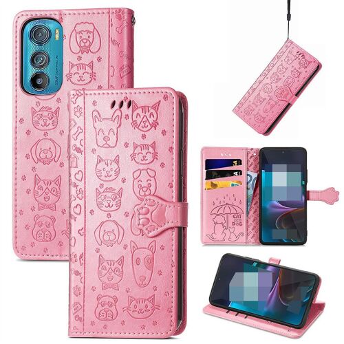 Saturcase Coque Pour Motorola Edge 30, Chien Et Chat Mignon Pu Cuir Magnétique Flip Portefeuille Support Porte-Carte Protecteur Housse Étui Avec Dragonne Pour Motorola Edge 30 (Pink)