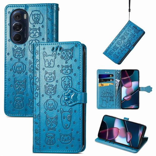 Saturcase Coque Pour Motorola Edge 30 Ultra, Chien Et Chat Mignon Pu Cuir Magnétique Flip Portefeuille Support Porte-Carte Protecteur Housse Étui Avec Dragonne Pour Motorola Edge 30 Ultra (Bleu)