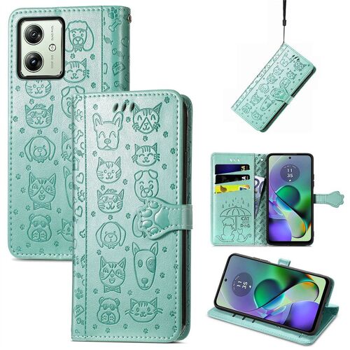 Saturcase Coque Pour Motorola Moto G54 5g, Chien Et Chat Mignon Pu Cuir Magnétique Flip Portefeuille Support Porte-Carte Protecteur Housse Étui Avec Dragonne Pour Motorola Moto G54 5g (Vert)