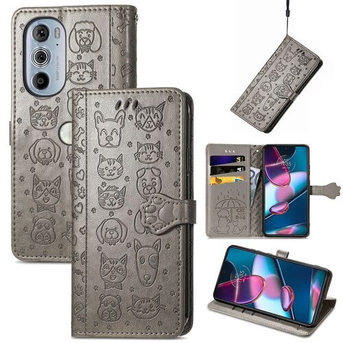 Saturcase Coque Pour Motorola Edge 30 Pro, Chien Et Chat Mignon Pu Cuir Magnétique Flip Portefeuille Support Porte-Carte Protecteur Housse Étui Avec Dragonne Pour Motorola Edge 30 Pro (Gris)