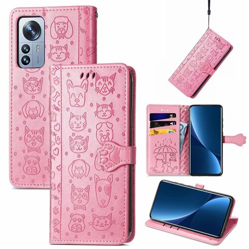 Saturcase Coque Pour Xiaomi 12 Pro / 12s Pro, Chien Et Chat Mignon Pu Cuir Magnétique Flip Portefeuille Support Porte-Carte Protecteur Housse Étui Avec Dragonne Pour Xiaomi 12 Pro / 12s Pro (Pink)