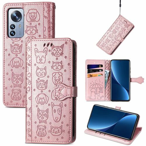 Saturcase Coque Pour Xiaomi 12 Pro / 12s Pro, Chien Et Chat Mignon Pu Cuir Magnétique Flip Portefeuille Support Porte-Carte Protecteur Housse Étui Avec Dragonne Pour Xiaomi 12 Pro / 12s Pro (Or Rose)