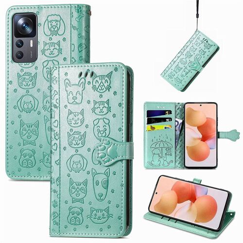 Saturcase Coque Pour Xiaomi 12t / 12t Pro, Chien Et Chat Mignon Pu Cuir Magnétique Flip Portefeuille Support Porte-Carte Protecteur Housse Étui Avec Dragonne Pour Xiaomi 12t / 12t Pro (Vert)