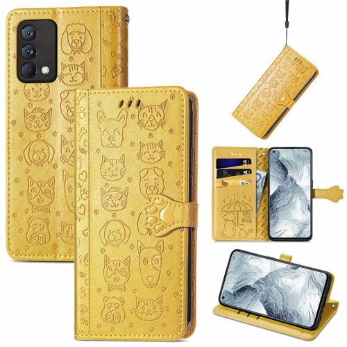 Saturcase Coque Pour Realme Gt Master, Chien Et Chat Mignon Pu Cuir Magnétique Flip Portefeuille Support Porte-Carte Protecteur Housse Étui Avec Dragonne Pour Realme Gt Master (Jaune)