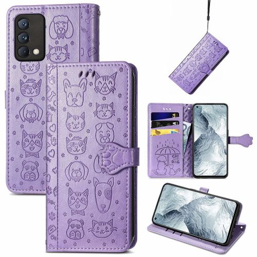 Saturcase Coque Pour Realme Gt Master, Chien Et Chat Mignon Pu Cuir Magnétique Flip Portefeuille Support Porte-Carte Protecteur Housse Étui Avec Dragonne Pour Realme Gt Master (Violet)