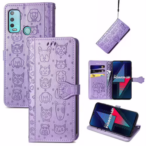 SATURCASE Coque pour Wiko Power U30, Chien et Chat Mignon PU Cuir Magnétique Flip Portefeuille Support Porte-carte Protecteur Housse Étui avec Dragonne pour Wiko Power U30 (Violet)
