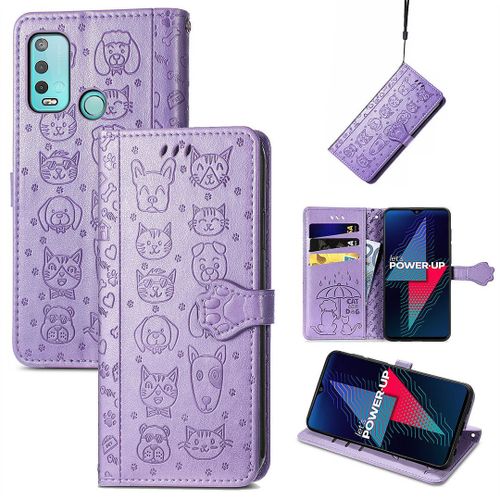 Saturcase Coque Pour Wiko Power U30, Chien Et Chat Mignon Pu Cuir Magnétique Flip Portefeuille Support Porte-Carte Protecteur Housse Étui Avec Dragonne Pour Wiko Power U30 (Violet)