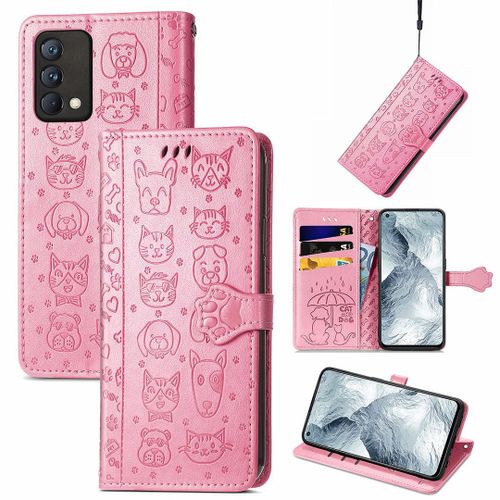 Saturcase Coque Pour Realme Gt Master, Chien Et Chat Mignon Pu Cuir Magnétique Flip Portefeuille Support Porte-Carte Protecteur Housse Étui Avec Dragonne Pour Realme Gt Master (Pink)
