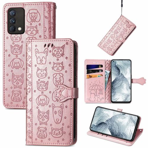 Saturcase Coque Pour Realme Gt Master, Chien Et Chat Mignon Pu Cuir Magnétique Flip Portefeuille Support Porte-Carte Protecteur Housse Étui Avec Dragonne Pour Realme Gt Master (Or Rose)