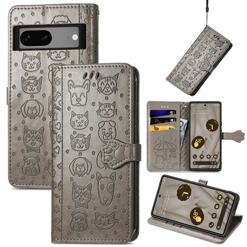 Saturcase Coque Pour Google Pixel 7a, Chien Et Chat Mignon Pu Cuir Magnétique Flip Portefeuille Support Porte-Carte Protecteur Housse Étui Avec Dragonne Pour Google Pixel 7a (Gris)