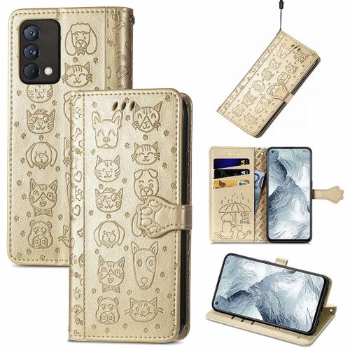 Saturcase Coque Pour Realme Gt Master, Chien Et Chat Mignon Pu Cuir Magnétique Flip Portefeuille Support Porte-Carte Protecteur Housse Étui Avec Dragonne Pour Realme Gt Master (Or)